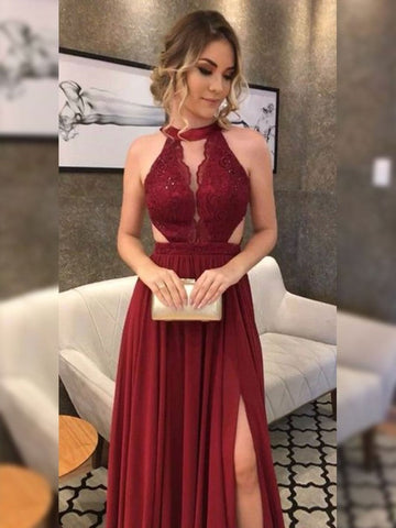 1295,red sleeveless jewel applique slit-skirt lace satin long evening HZ1023